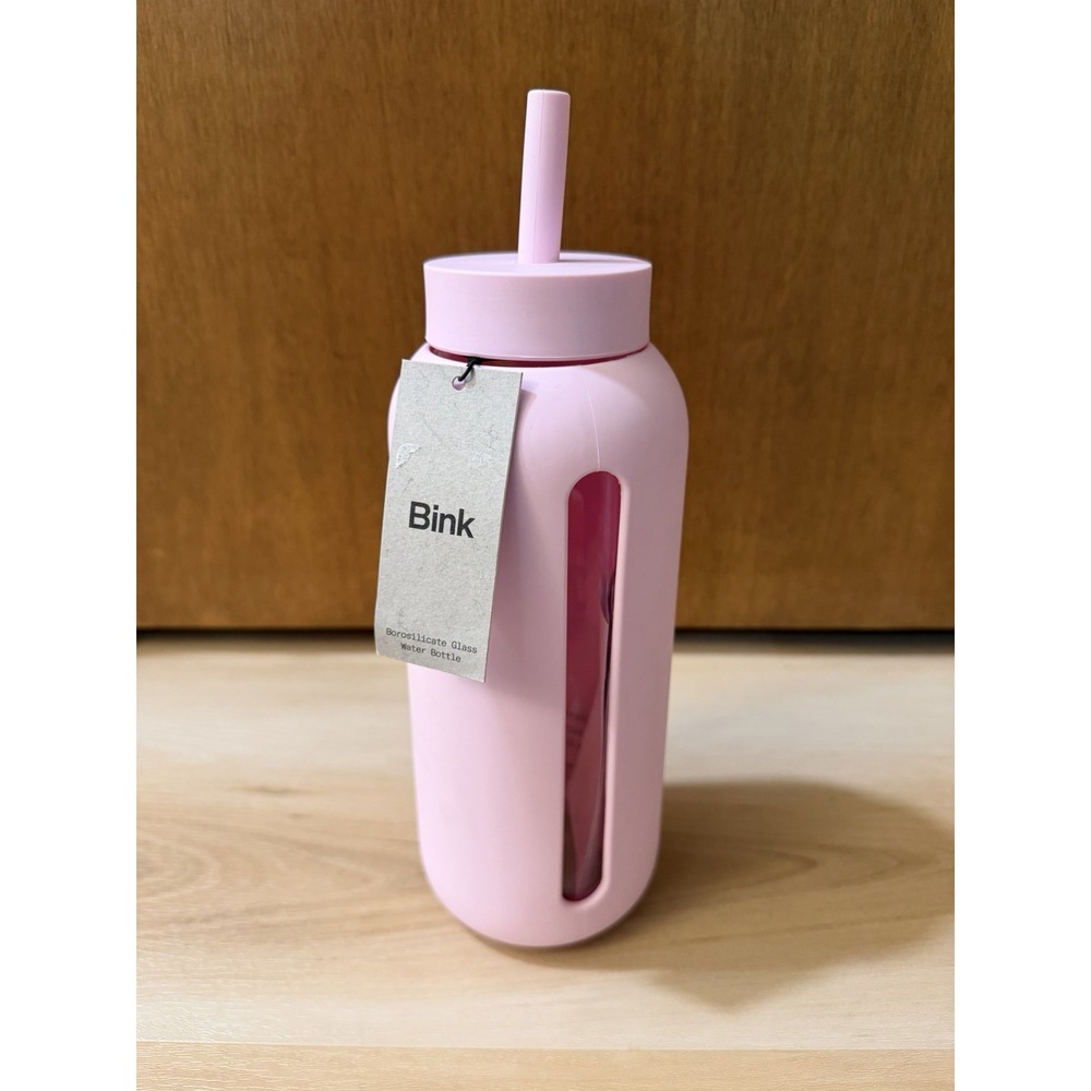 NWT Bink Bottle 36oz Glass Water Bottle Pink Silicone Sleeve with Straw